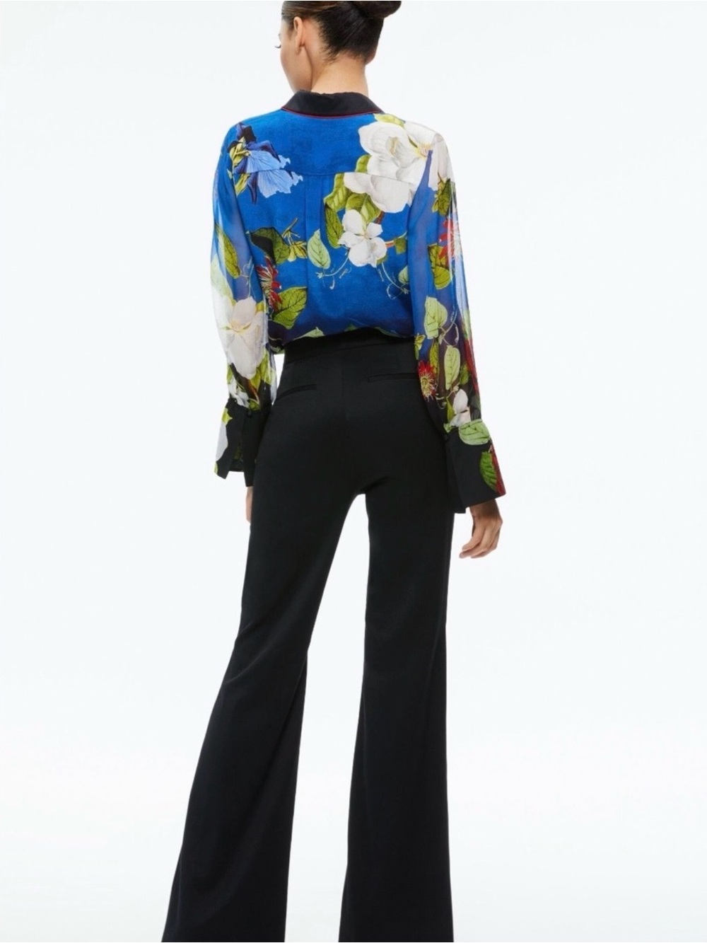 Alice + Olivia Botanical Floral Silk Blend Blouse Black Collar Red Piping M - Picture 6 of 9